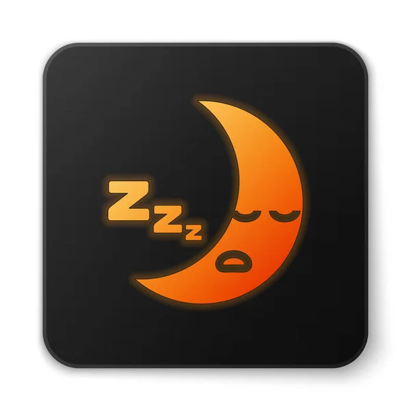 Orange glowing neon Moon icon isolated on white background. Cloudy night sign. Sleep dreams symbol. Night or bed time sign. Black square button. Vector Illustration — Stock Vector