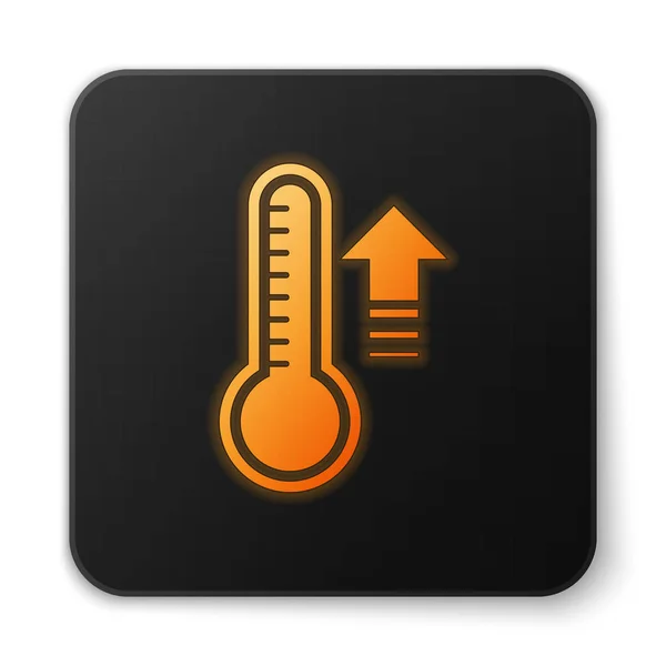 Orange glowing neon Meteorology thermometer measuring heat and cold icon isolated on white background. Thermometer equipment showing hot or cold weather. Black square button. Vector Illustration — Stock Vector