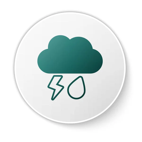 Зеленый цвет с иконой дождя и молнии на белом фоне. Осадки дождевых облаков с капельками дождя. Кнопка белого круга. Векторная миграция — стоковый вектор