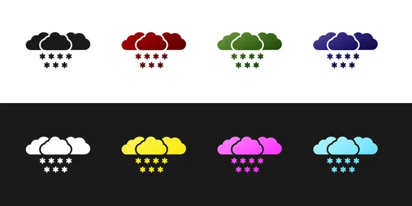 Setzen Sie Wolke mit Schnee-Symbol isoliert auf schwarz-weißem Hintergrund. Wolke mit Schneeflocken. Ein Wettersymbol. Schneeschild. Vektorillustration — Stockvektor