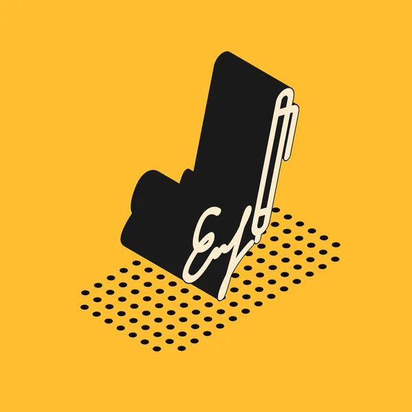 Icono de línea de firma isométrica aislado sobre fondo amarillo. Pluma y suscribir, suscribir, ratificar símbolo. Ilustración vectorial — Vector de stock