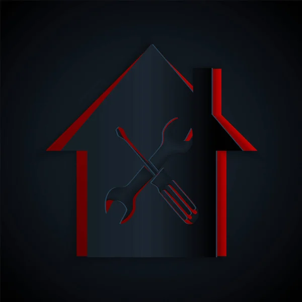 Paper cut House or home with screwdriver and wrench icon isolated on black background. Adjusting, service, setting, maintenance, repair, fixing. Paper art style. Vector Illustration — Stock Vector