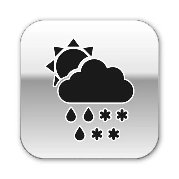 Μαύρο σύννεφο με το εικονίδιο χιονιού και βροχής απομονώνεται σε λευκό φόντο. Εικονίδιο καιρού. Ασημί τετράγωνο κουμπί. Απεικόνιση διανυσματικών φορέων — Διανυσματικό Αρχείο