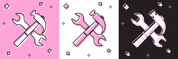 Conjunto Crossed martelo e chave ícone isolado em rosa e branco, fundo preto. Ferramentas de hardware. Ilustração vetorial — Vetor de Stock