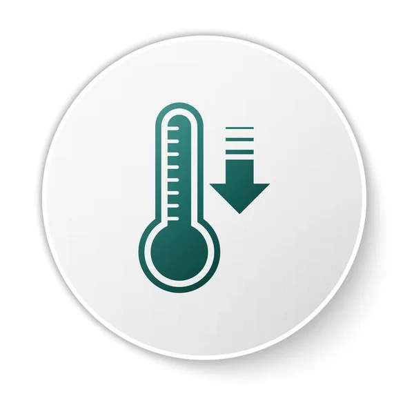 Zielony termometr meteorologiczny mierzący ciepło i zimną ikonę izolowaną na białym tle. Urządzenia termometryczne pokazujące gorącą lub zimną pogodę. Biały przycisk koła. Ilustracja wektora — Wektor stockowy