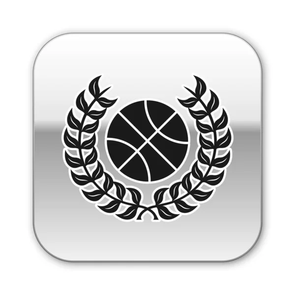 Black Award with basketball ball icon isolated on white background. Laurel wreath. Winner trophy. Championship or competition trophy. Silver square button. Vector Illustration — Stock Vector