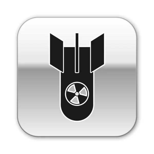 Czarna ikona bomby atomowej odizolowana na białym tle. Bomba rakietowa spada. Srebrny przycisk. Ilustracja wektora — Wektor stockowy
