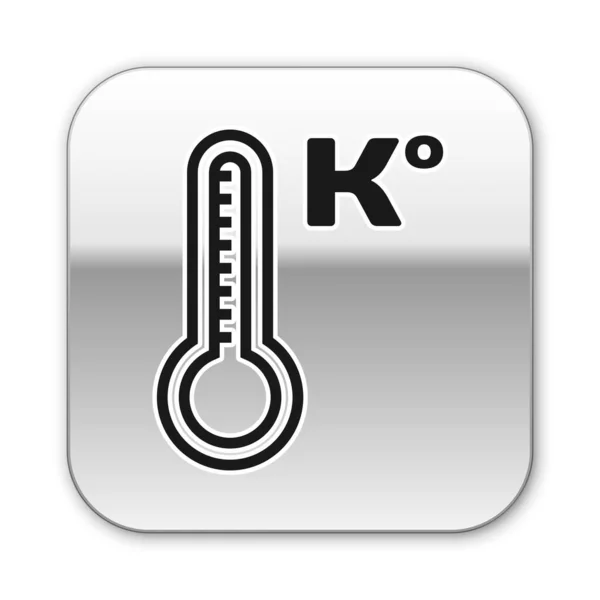 Termómetro de meteorología negra que mide el calor y el frío icono aislado sobre fondo blanco. Temperatura Kelvin. Botón cuadrado plateado. Ilustración vectorial — Vector de stock