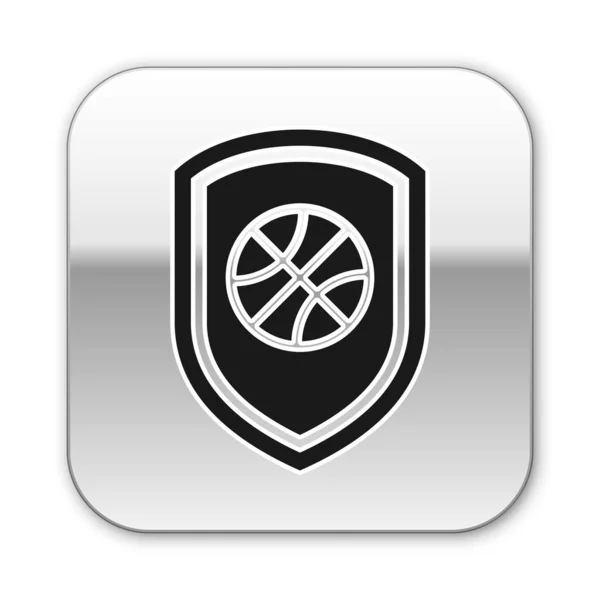Bouclier noir dans la balle de basket à l'intérieur icône isolée sur fond blanc. Bouton carré argenté. Illustration vectorielle — Image vectorielle
