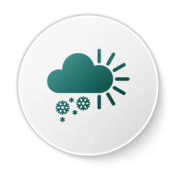 Verde Nublado con icono de nieve aislado sobre fondo blanco. Nube con copos de nieve. Icono de tiempo único. Signo de niebla. Botón círculo blanco. Ilustración vectorial — Archivo Imágenes Vectoriales