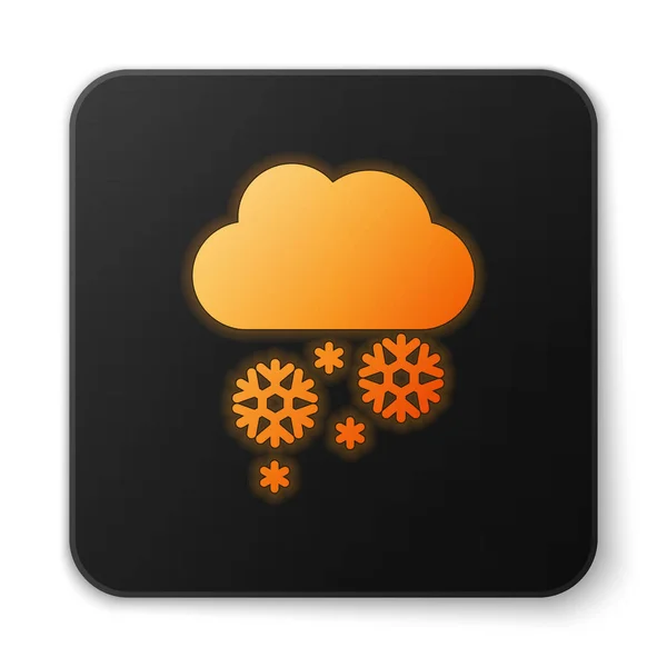 Orange leuchtende Neon-Wolke mit Schnee-Symbol auf weißem Hintergrund. Wolke mit Schneeflocken. einzelnes Wettersymbol. Schneeschild. schwarzer quadratischer Knopf. Vektorillustration — Stockvektor