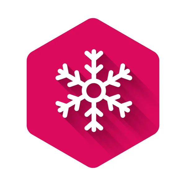 Witte Sneeuwvlok Pictogram Geïsoleerd Met Lange Schaduw Roze Zeshoek Knop — Stockvector