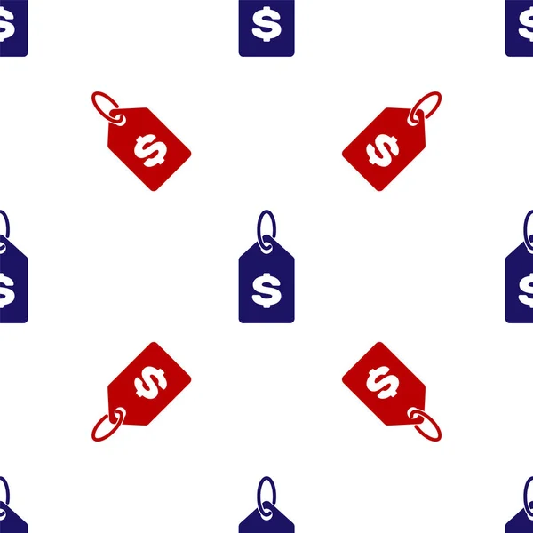 Синий и красный Ценник с значком доллара изолированный безпечатный узор на белом фоне. Значок по цене. Продажа с символом доллара. Акция скидка. Векторная миграция — стоковый вектор