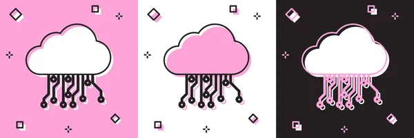 Conjunto de Internet de las cosas icono aislado en rosa y blanco, fondo negro. Concepto de diseño de computación en nube. Conexión de red digital. Ilustración vectorial — Archivo Imágenes Vectoriales