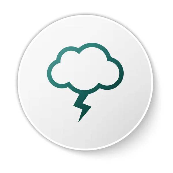 Green Storm icon isolated on white background. Cloud and lightning sign. Weather icon of storm. White circle button. Vector Illustration — Stock Vector