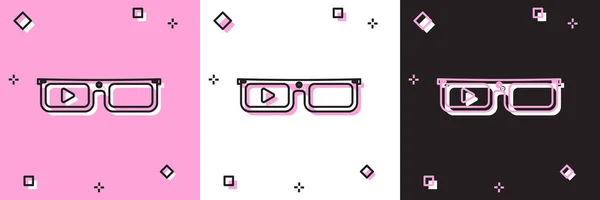 Set Slimme bril gemonteerd op brillen icoon geïsoleerd op roze en witte, zwarte achtergrond. Draagbare electronica slimme bril met camera en display. Vector Illustratie — Stockvector