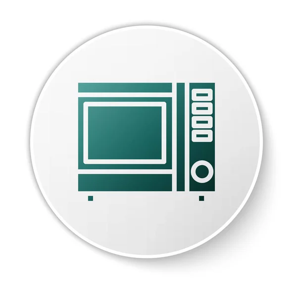 Icono del horno de microondas verde aislado sobre fondo blanco. Icono de electrodomésticos. Botón círculo blanco. Ilustración vectorial — Vector de stock