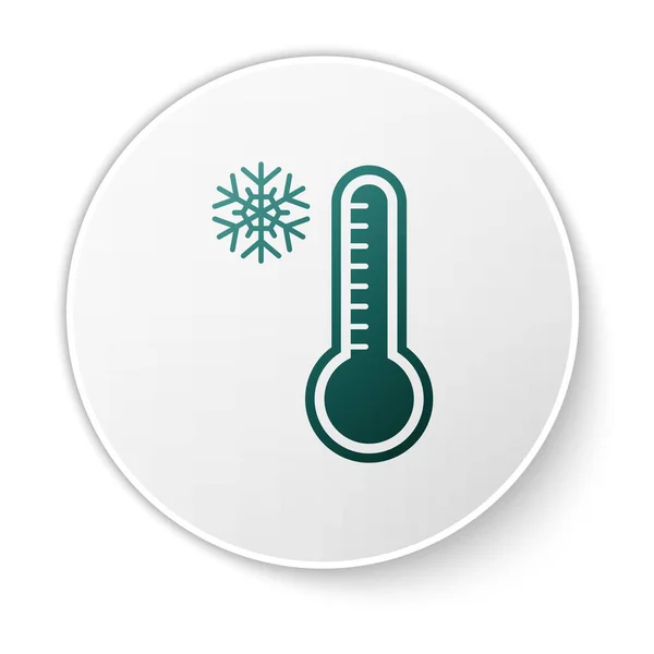 Termômetro de meteorologia verde medindo calor e ícone frio isolado em fundo branco. Equipamento termômetro mostrando clima quente ou frio. Botão de círculo branco. Ilustração vetorial —  Vetores de Stock