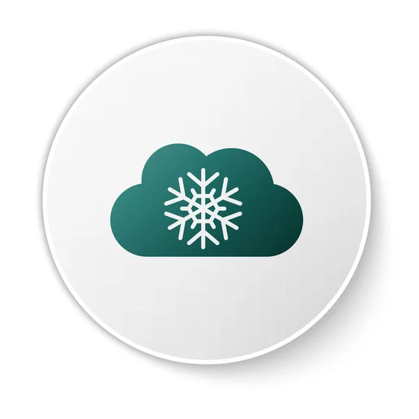 Nube verde con icono de nieve aislado sobre fondo blanco. Nube con copos de nieve. Icono de tiempo único. Signo de niebla. Botón círculo blanco. Ilustración vectorial — Vector de stock