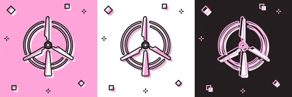 Definir ícone de turbina eólica rotativa isolado em rosa e branco, fundo preto. Sinal do gerador de vento. Moinho de vento para produção de energia elétrica. Ilustração vetorial — Vetor de Stock