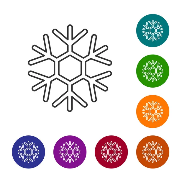 Grijze lijn Sneeuwvlok pictogram geïsoleerd op witte achtergrond. Stel pictogrammen in de kleur cirkel knoppen. Vector Illustratie — Stockvector
