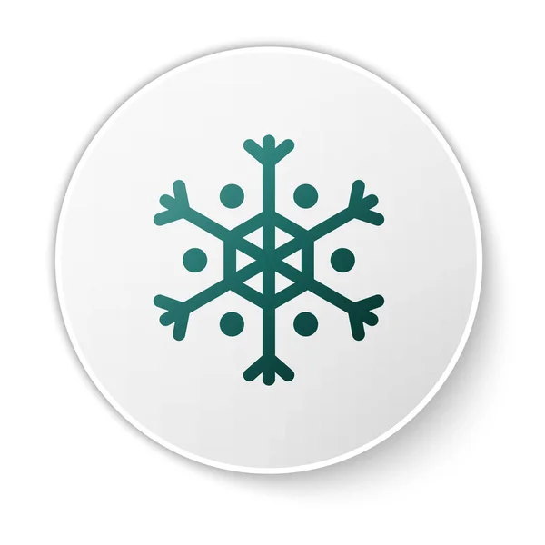 Zielona ikona płatka śniegu odizolowana na białym tle. Biały przycisk koła. Ilustracja wektora — Wektor stockowy