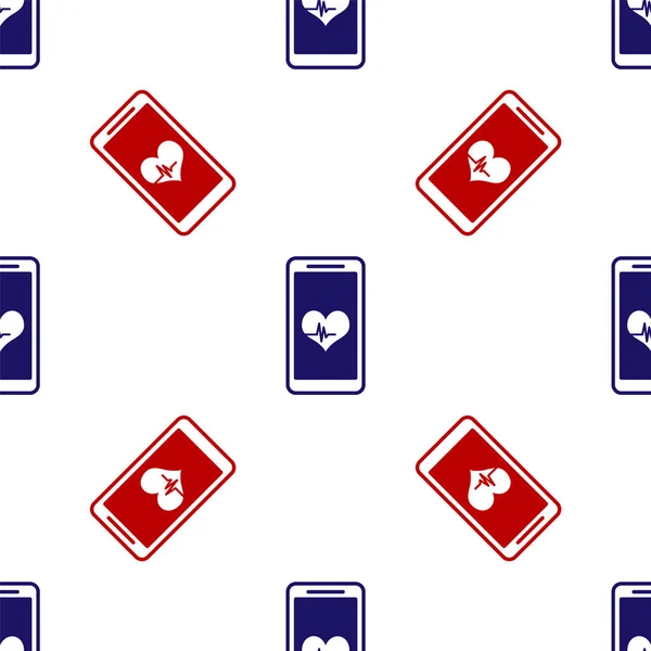 Smartphone azul e vermelho com ícone de função monitor de frequência cardíaca isolado padrão sem costura no fundo branco. Ilustração vetorial — Vetor de Stock