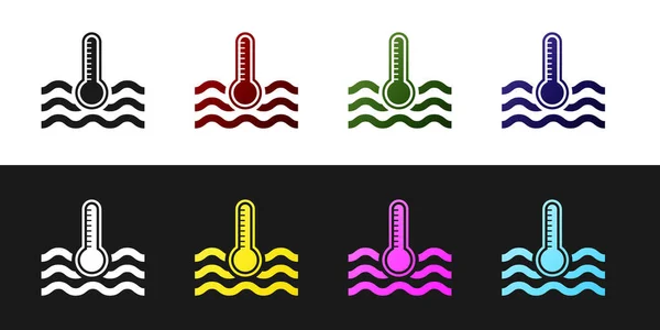 Set Water thermometer measuring heat and cold icon isolated on black and white background. Thermometer equipment showing hot or cold weather. Vector Illustration