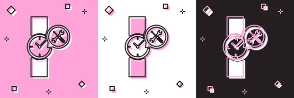 Set relógio de pulso com chave de fenda e ícone de chave de fenda isolado em rosa e branco, fundo preto. Ajuste, serviço, configuração, manutenção, reparação, fixação. Ilustração vetorial — Vetor de Stock