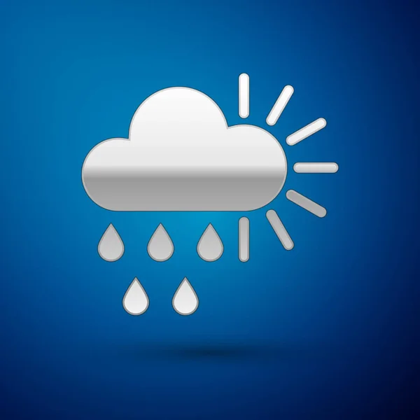 Ezüst felhős eső és a nap ikon elszigetelt kék háttérrel. Esőfelhő csapadék esőcseppekkel. Vektorillusztráció — Stock Vector