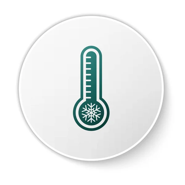 Zielony termometr meteorologiczny mierzący ciepło i zimną ikonę izolowaną na białym tle. Urządzenia termometryczne pokazujące gorącą lub zimną pogodę. Biały przycisk koła. Ilustracja wektora — Wektor stockowy
