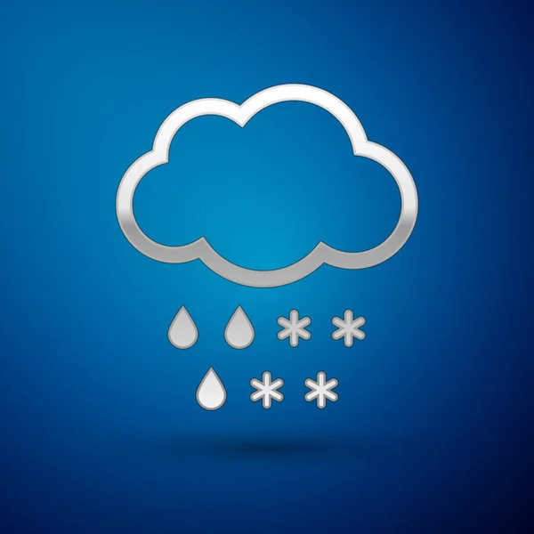 Silberne Wolke mit Schnee- und Regensymbol auf blauem Hintergrund. Wettersymbol. Vektorillustration — Stockvektor