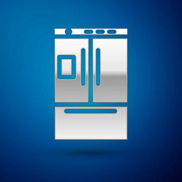 Silbernes Kühlschranksymbol isoliert auf blauem Hintergrund. Kühlschrank mit Gefrierfach Kühlschrank. Haushaltstechnologie und Haushaltsgeräte. Vektorillustration — Stockvektor