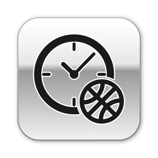 Horloge noire avec ballon de basket à l'intérieur icône isolée sur fond blanc. C'est l'heure du basket. Sport et entraînement. Bouton carré argenté. Illustration vectorielle — Image vectorielle