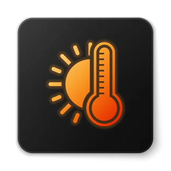 Orange glowing neon Thermometer with sun icon isolated on white background. Black square button. Vector Illustration — Stock Vector