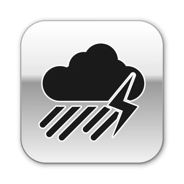 Nuvola nera con pioggia e icona fulmine isolato su sfondo bianco. Pioggia precipitazioni nuvolose con gocce di pioggia.Meteo icona della tempesta. Pulsante quadrato argento. Illustrazione vettoriale — Vettoriale Stock