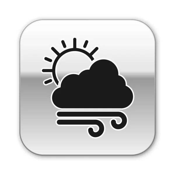 Siyah Rüzgarlı hava ikonu beyaz arkaplanda izole edildi. Güneşli ve rüzgarlı bir bulut. Gümüş kare düğme. Vektör İllüstrasyonu — Stok Vektör