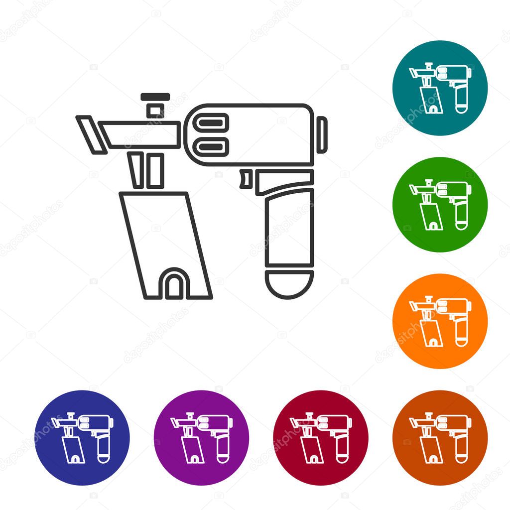 Grey line Nail gun icon isolated on white background. Set icons in color circle buttons. Vector Illustration