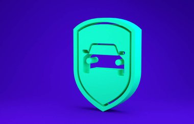 Yeşil araba koruması ya da sigorta ikonu mavi arka planda izole edilmiş. Araba koruma kalkanını koru. Güvenlik rozeti ikonu. Otomatik güvenlik etiketi. Minimalizm kavramı. 3d illüstrasyon 3d canlandırma
