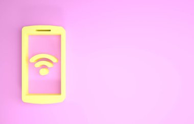 Pembe arka planda izole edilmiş ücretsiz kablosuz bağlantı ikonu olan sarı akıllı telefon. Kablosuz teknoloji, kablosuz ağ, sıcak nokta kavramları. Minimalizm kavramı. 3d illüstrasyon 3d canlandırma