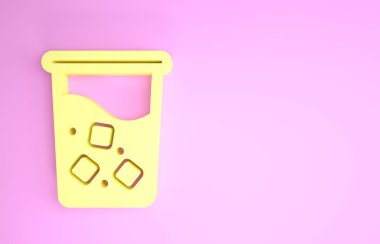 Pembe arka planda izole edilmiş su ikonlu sarı cam. Soda bardağı. Taze soğuk içecek sembolü. Minimalizm kavramı. 3d illüstrasyon 3B canlandırma