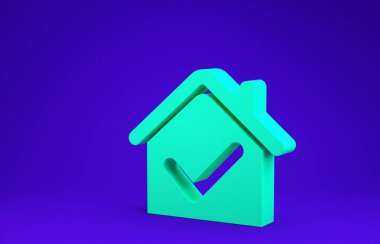 Mavi arkaplanda işaretleme simgesi olan yeşil ev. Emlakçı ya da köy elit sınıfı. Minimalizm kavramı. 3d illüstrasyon 3d canlandırma
