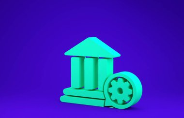 Green Bank binası ve vites simgesi mavi arka planda izole edildi. Uygulama, servis konsepti, ayar seçenekleri, bakım, onarım, onarım. Minimalizm kavramı. 3d illüstrasyon 3d canlandırma