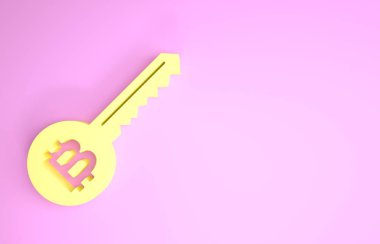 Sarı Şifreleme anahtar simgesi pembe arka planda izole edildi. Siber güvenlik kavramı ya da özel anahtar, teknolojik arayüzlü dijital anahtar. Minimalizm kavramı. 3d illüstrasyon 3B canlandırma
