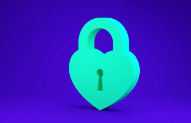 Mavi arka planda izole edilmiş kalp simgesi şeklinde bir Yeşil Kale. Kilitli Kalp. Aşk sembolü ve anahtar deliği işareti. Minimalizm kavramı. 3d illüstrasyon 3d canlandırma