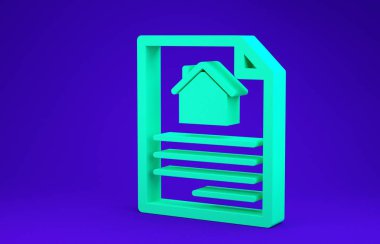 Yeşil Ev 'in sözleşme ikonu mavi arka planda izole edildi. Sözleşme oluşturma hizmeti, belge oluşumu, başvuru formu bileşimi. Minimalizm kavramı. 3d illüstrasyon 3B canlandırma