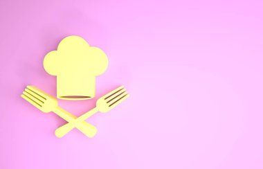Sarı Aşçı şapkası ve çapraz çatal simgesi pembe arka planda izole edilmiş. Aşçılık sembolü. Restoran menüsü. Aşçı şapkası. Minimalizm kavramı. 3d illüstrasyon 3d canlandırma