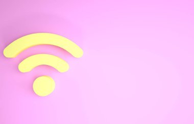 Pembe arka planda izole edilmiş sarı kablosuz internet ağ sembolü simgesi. Minimalizm kavramı. 3d illüstrasyon 3B canlandırma