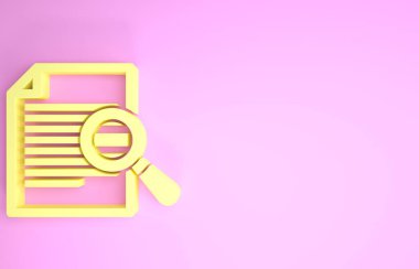 Pembe arkaplanda arama simgesine sahip sarı belge. Dosya ve büyüteç simgesi. Analitik araştırma işareti. Minimalizm kavramı. 3d illüstrasyon 3d canlandırma