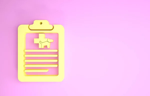 Żółta tablica z medycznym rekordem klinicznym ikona zwierzaka izolowane na różowym tle. Formularz ubezpieczenia zdrowotnego. Raport z badań lekarskich. Koncepcja minimalizmu. Ilustracja 3D 3D renderowania — Zdjęcie stockowe